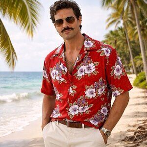 Vintage Banana Republic Safari Travel Shirt Men L Red Camp Loop Hawaiian Floral